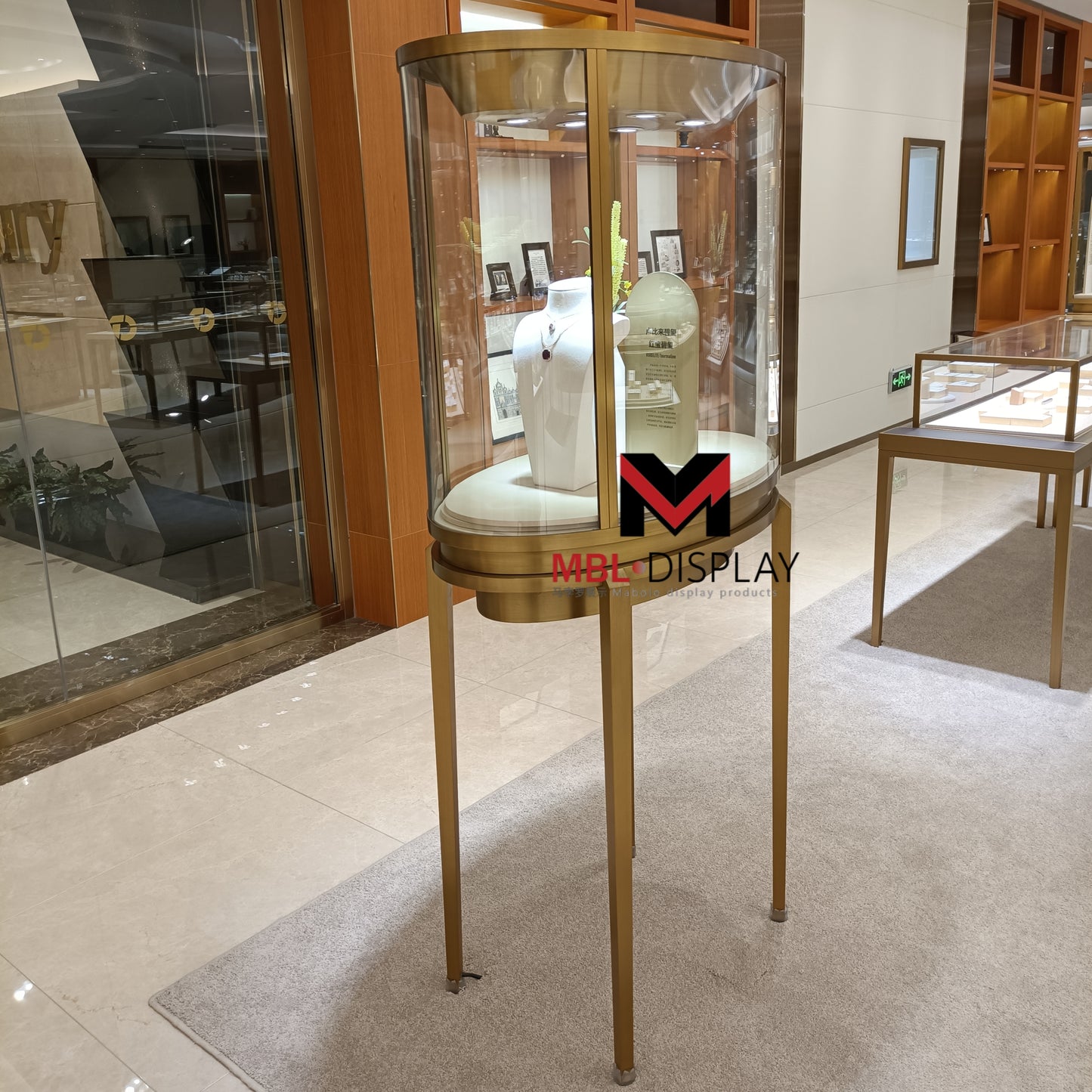 Custom stainless steel ultra-white tempered glass gold and silver curved watch straight cabinet round high-end jewelry display cabinet